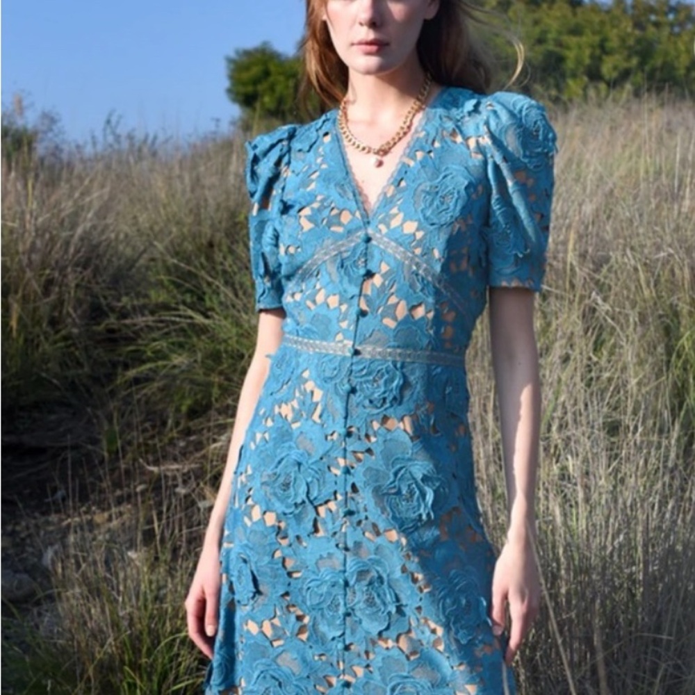 Adelyn Rae Blue Puff Sleeve Midi Dress